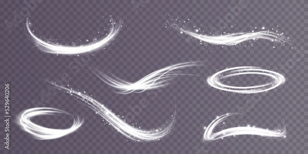 Obraz Set of abstract light lines of movement and speed. White. Bright galaxy. Glowing podium. Space tunnel. Light everyday glowing effect. semicircular wave, light vortex wake. bright spiral