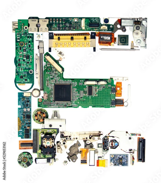 Obraz electronic E made up of lots of electronic parts 