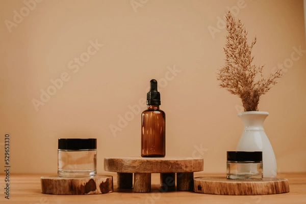 Fototapeta Product placement, cosmetics containers and copy space