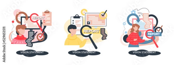 Fototapeta Vision statement, description of main business idea, business format, advantage over competitors. Company mission, intelligence, planning, sales management data, biz research, strategic development