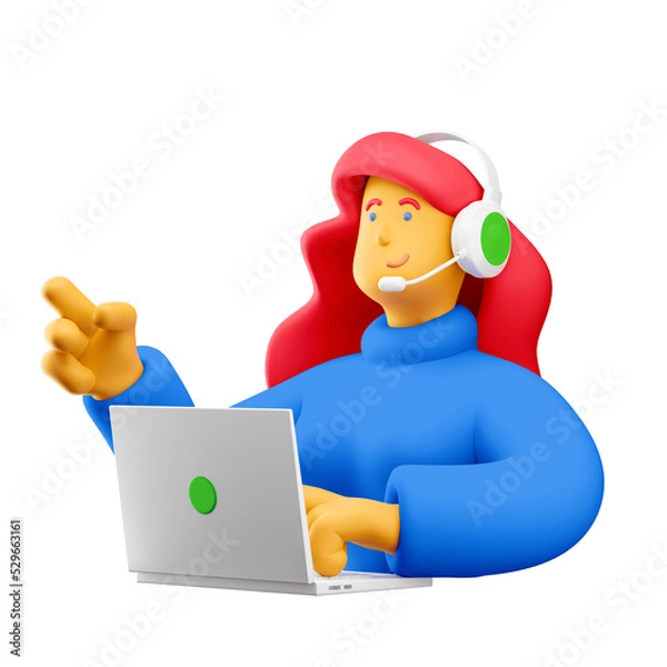 Obraz 3d illustration. Cartoon girl 3d character with laptop and headphones. Online support concept.