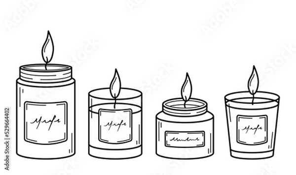 Obraz Set of burning aroma candles in glass jars. Hand drawn sketch icons. Isolated vector illustration in doodle line style.