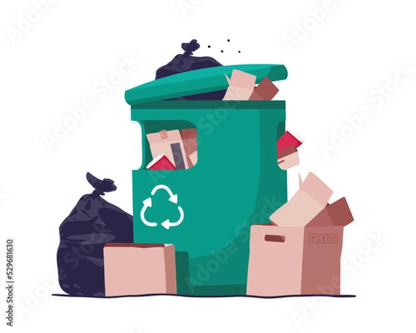 Fototapeta House trash bin. Cardboard box. Heap of rubbish. Garbage bag. Container. Vector illustration.