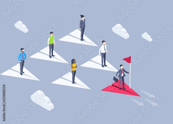 Fototapeta isometric vector illustration on a gray background, a man in a business suit with a flag flies on a main plane and his colleagues fly behind him, a leader in a business team