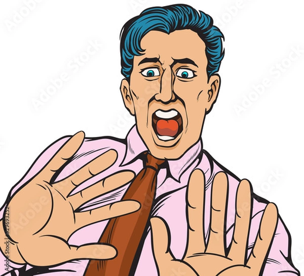 Obraz Young businessman shocked, scared, worried. hand drawn style  design illustration, transparent background.
