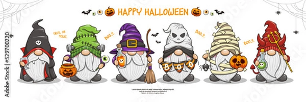Obraz Set Of Happy Halloween With Cute Gnomes Vampire, Witches, Frankenstein, Devil, Mummy, And Ghost Banner Design, Cute Cartoon Illustration