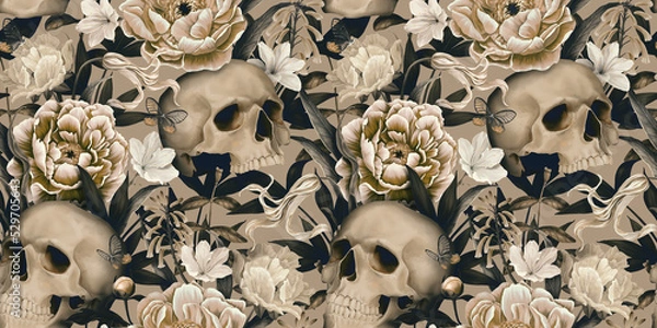 Fototapeta Vintage floral seamless wallpaper with skulls, peonies, butterflies. Dark botanical background. Repeating pattern for design of fabric, paper, wallpaper, canvas. Hand drawn 3d illustration