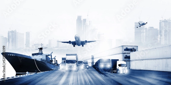 Fototapeta  logistics , there are world map with logistic network distribution on background and Logistics Industrial Container Cargo freight ship for Concept of fast or instant shipping