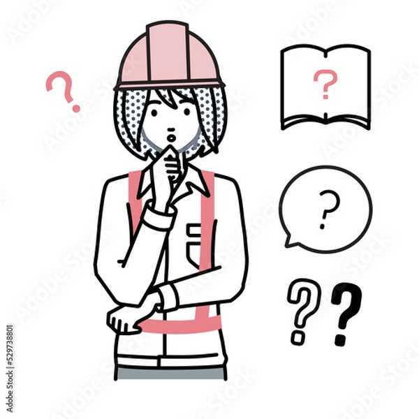 Fototapeta 立って手をあごにあてて疑問を感じている工事現場の女性 クエスチョンマークのセット