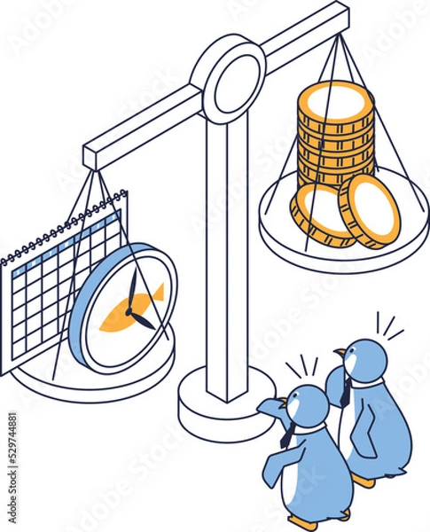 Fototapeta 時間とお金のどちらが良いか迷っているペンギンのアイソメイラスト