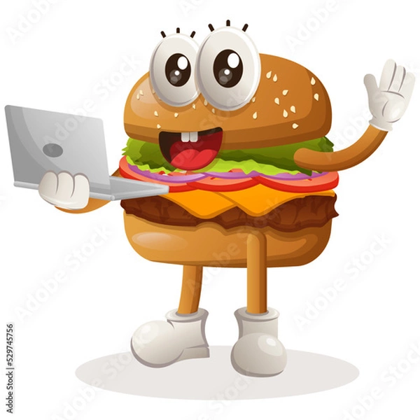 Fototapeta Cute burger mascot design working using a laptop. Burger cartoon mascot character design. Delicious food with cheese, vegetables and meat. Cute mascot vector illustration