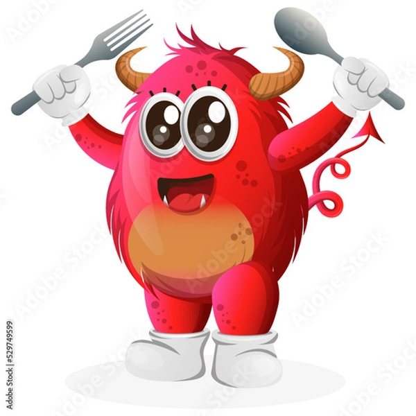 Obraz Vector_Cute red monster holding spoon and fork