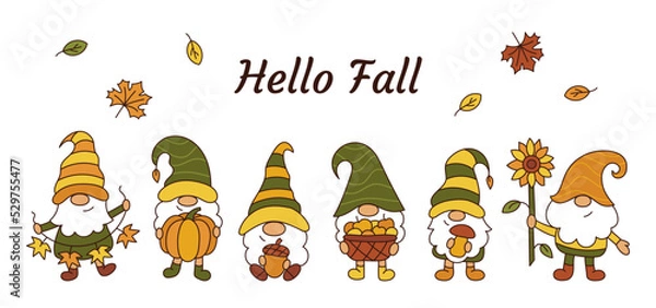 Obraz Hello fall. Cute autumn gnomes banner. Ideal for harvest season. Cartoon style. Vector illustration.