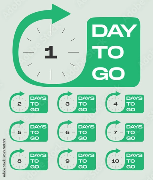 Fototapeta Countdown 1, 2, 3, 4, 5, 6, 7, 8, 9, days left label or emblem set. Day left counter icon with clock for sale promotion, promo offer. Flat badge with number of count down time. 