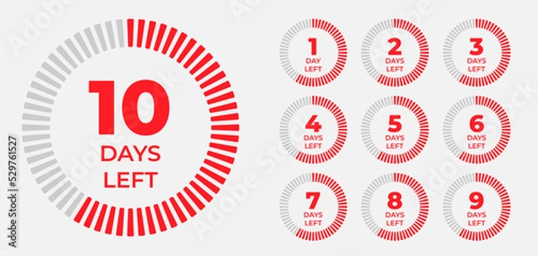 Obraz 5, 2, 3, 4, 1, 6, 7, 8, 9, 0 days left badge, label set. Countdown limited time in red color for sale, offer, promotion or work vector illustration isolated on white background. Vector illustration