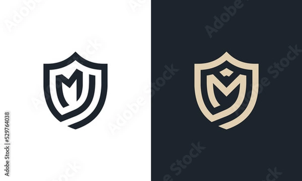 Fototapeta Initial Letter M Shield Monogram logo Concept sign icon symbol Design Element Line Art Style. Security, Heraldic, Guard Logotype. Vector illustration template