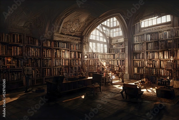 Fototapeta Old library with many books - Concept Art Games