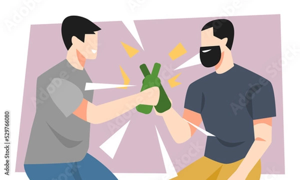 Fototapeta two friends toast before drinking. drink bottle. cheers, bottle. concept of friendship, celebration, drunkenness. flat vector illustration