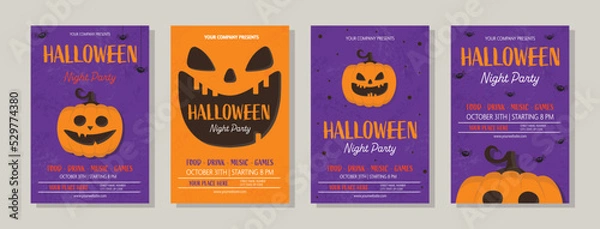 Obraz Halloween Party poster with funny pumpkin.  Collection of brochures. Vector illustration