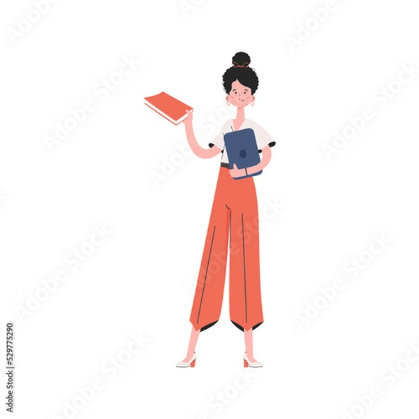 Fototapeta A woman stands in full growth with a book.   Element for presentations, sites.
