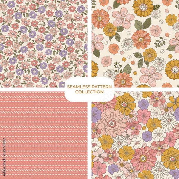 Fototapeta Retro groovy floral pattern set, collection of fun warm floral digital papers, repeating background. Cohesive collection of 4 seamless pattern prints