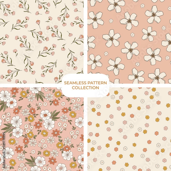 Obraz Retro groovy floral pattern set, collection of fun warm floral digital papers, repeating background. Cohesive collection of 4 seamless pattern prints