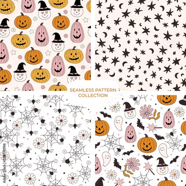 Fototapeta Set of vector floral hand drawn seamless patterns. Cohesive collection of repeating backgrounds, digital papers for fabric, textile, scrapbook, wallpaper design