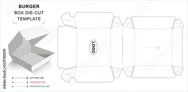 Fototapeta Burger box die cut template with 3D blank vector mockup for food packaging