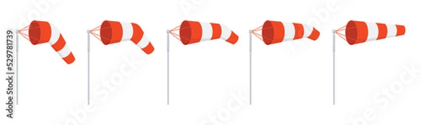 Obraz Windsock wind speed and direction chart vector illustration. Orange and white stripe wind cone on pole for airport ground wind force and speed indication. Flat design cartoon style illustration.