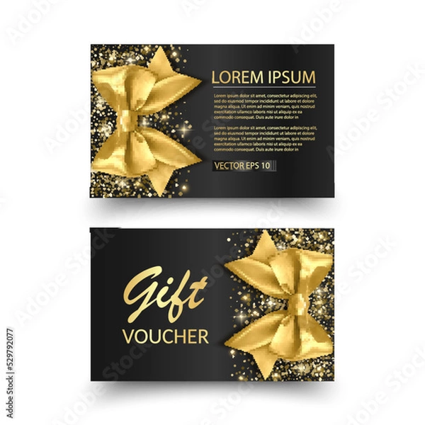 Fototapeta Set of Gift Voucher Card Template Advertising or Sale. template with glitter texture and realistic bow vector illustration