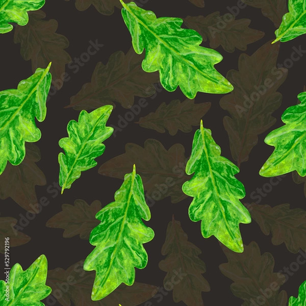 Fototapeta Watercolor pattern green and autumn oak tree leaf, on a dark background for your seamless design, hand drawn illustration