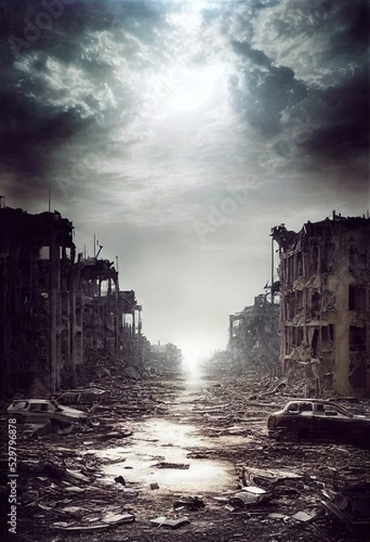 Fototapeta A post-apocalyptic ruined city. Destroyed buildings, burnt-out vehicles and ruined roads. 3D rendering