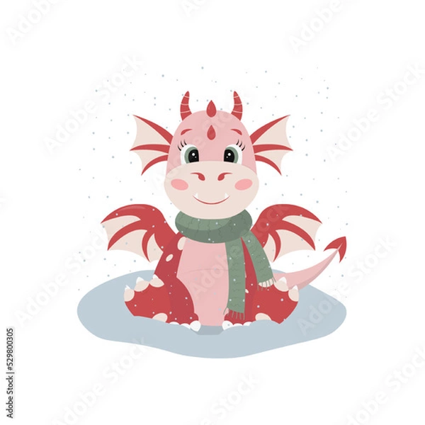 Fototapeta Red dragon wearing a scarf and sitting in snow. Cute cartoon character in flat style. Vector seasonal illustration.