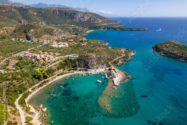 Fototapeta Aerial drone photo of the picturesque Kardamili village  in Messinian Mani, Peloponnese, Greece