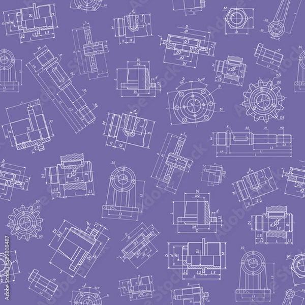 Fototapeta Technical drawing, unique machine details. Seamless pattern (violet).