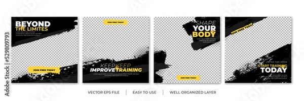 Obraz Set of Gym Fitness social media post design template. Suitable for social media, flyers, banner, and web internet.