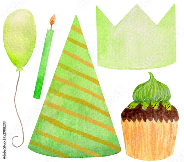 Fototapeta Watercolor birthday green collection, cupcake with kiwi, bithday hat, balloon, candle, isolated on white background.