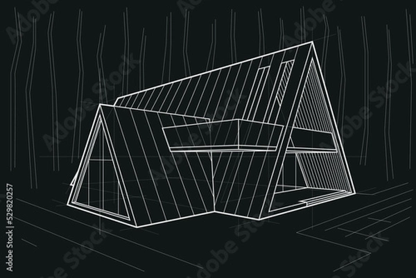 Obraz Linear architectural sketch residental building - triangle forest cottage on black background