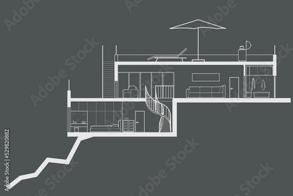 Obraz Linear architectural section plane villa on top of a mountain on gray background