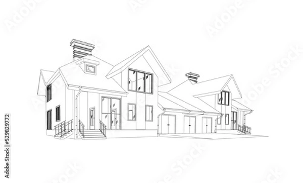 Fototapeta Modern building perspective 3D. Drawing of the townhouse. Outlines cottage on white background. House 3D model perspective vector. House blueprint. EPS 10. 