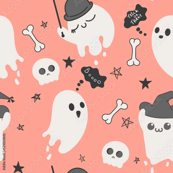 Fototapeta Halloween seamless pattern background.Background with skulls, ghosts, bones. Vector illustration for design, fabric or wrapping paper.