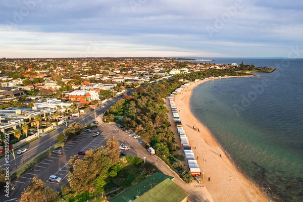 Obraz Drone aerial view Melbourne bathing boxes on Brighton beach