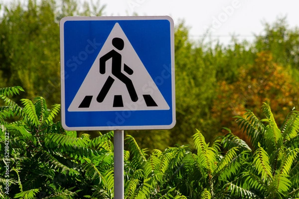 Obraz Pedestrian triangle road sign blue background