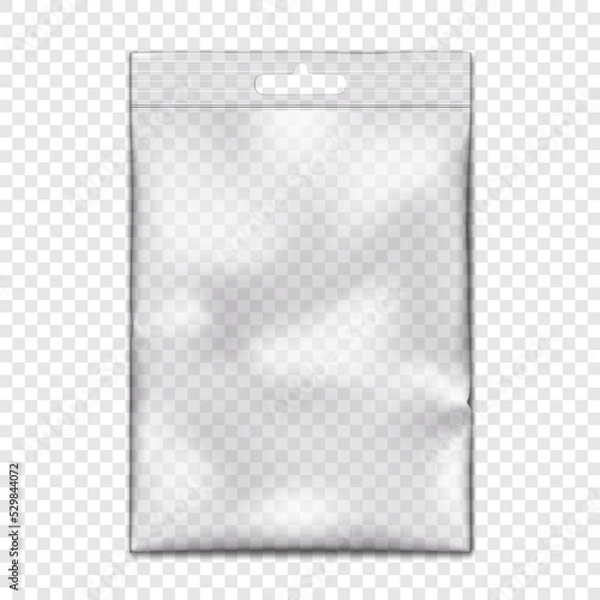 Fototapeta Clear vinyl resealable zipper pouch with euro slot on transparent background vector mock-up. Blank empty hanging plastic bag with zip lock realistic mockup
