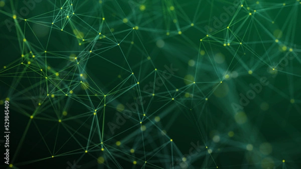 Obraz Visualization of big data. The concept of network connectivity . Abstract green background with lines and dots of different colors. 3D rendering.