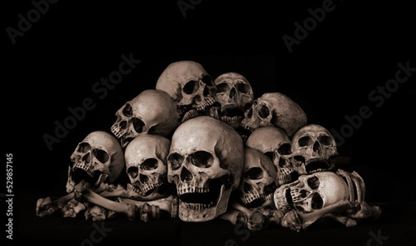 Fototapeta Awesome pile of skull human and bone on black cloth background, concept of scary crime scene of horror or thriller movies,Halloween theme, Still Life style, selective focus,