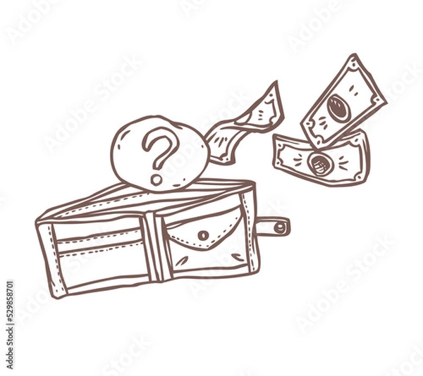 Obraz Open empty wallet with flying away dollar banknotes and question sign - sketch vector illustration of overspending or economical crisis concept. Symbol of financial problems or loss of money