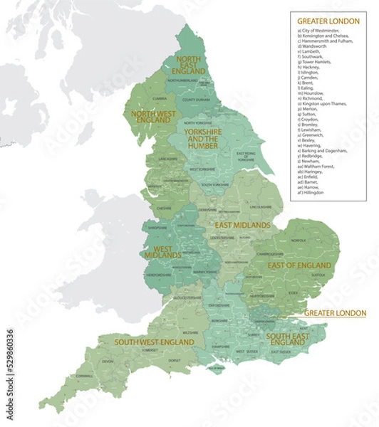 Obraz Detailed map of England with administrative divisions into regions, counties and districts, major cities of the country, vector illustration onwhite background