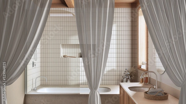 Fototapeta White openings curtains overlay modern japandi bathroom with bathtub, cosy interior design, clipping path, vertical folds, soft tulle textile texture, stage concept with copy space