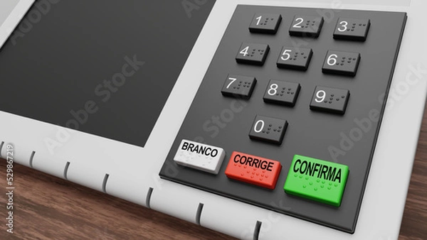Fototapeta Renderização 3d de teclado numérico de urna eletrônica utilizada no Brasil, com braile e botões com escritas em português: "branco", "corrige" e "confirma"